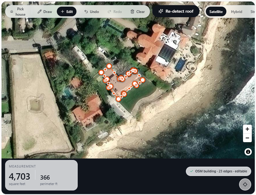 Aerial roof view with AI-traced outline